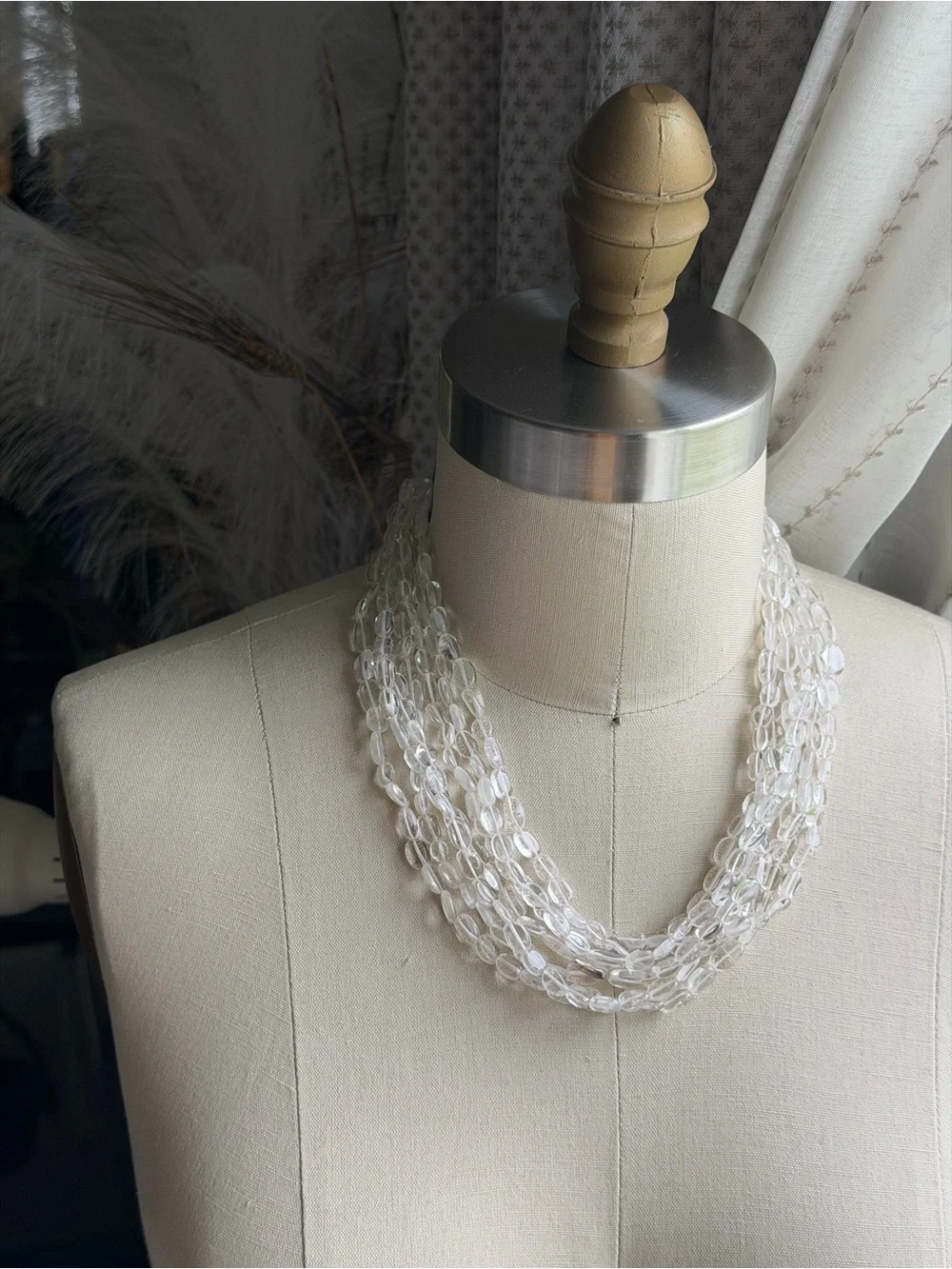 Rock Crytal Semi-Precious Clear Beads Multi-Strand Necklace 925 Sterling Silver